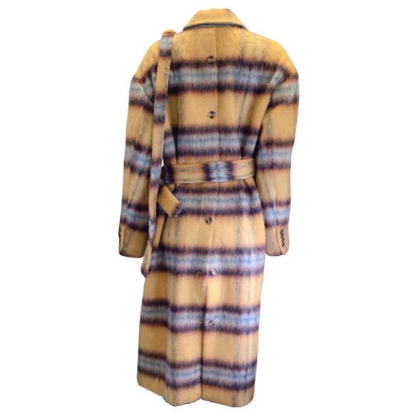 ROKH MUSTARD YELLOW / BLUE MULTI PLAID PATTERN WOOL TRENCH COAT - Picture 3 of 5